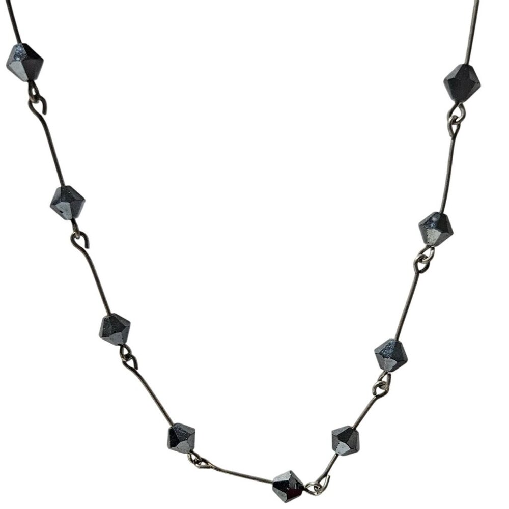 Elegant Black Hematite Beaded Necklace Silver Tone Wire Chain Fashion Jewelry